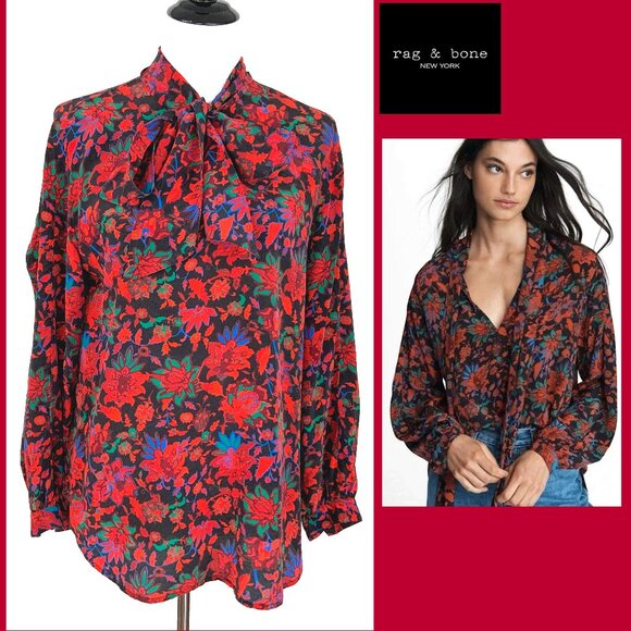 rag & bone Tops - Rag & Bone Emily Tie-Neck Floral Silk Blouse Sz M